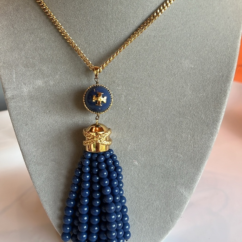 Tory Burch Gold and Blue Beaded Tassel Necklace - Picture 10 of 10